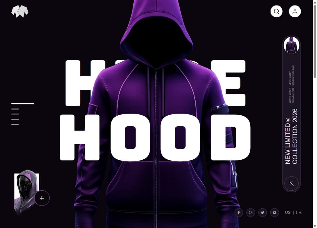 Hype Hood streetwear concept site — a single hoodie at huge scale with the brand word set massive behind it.