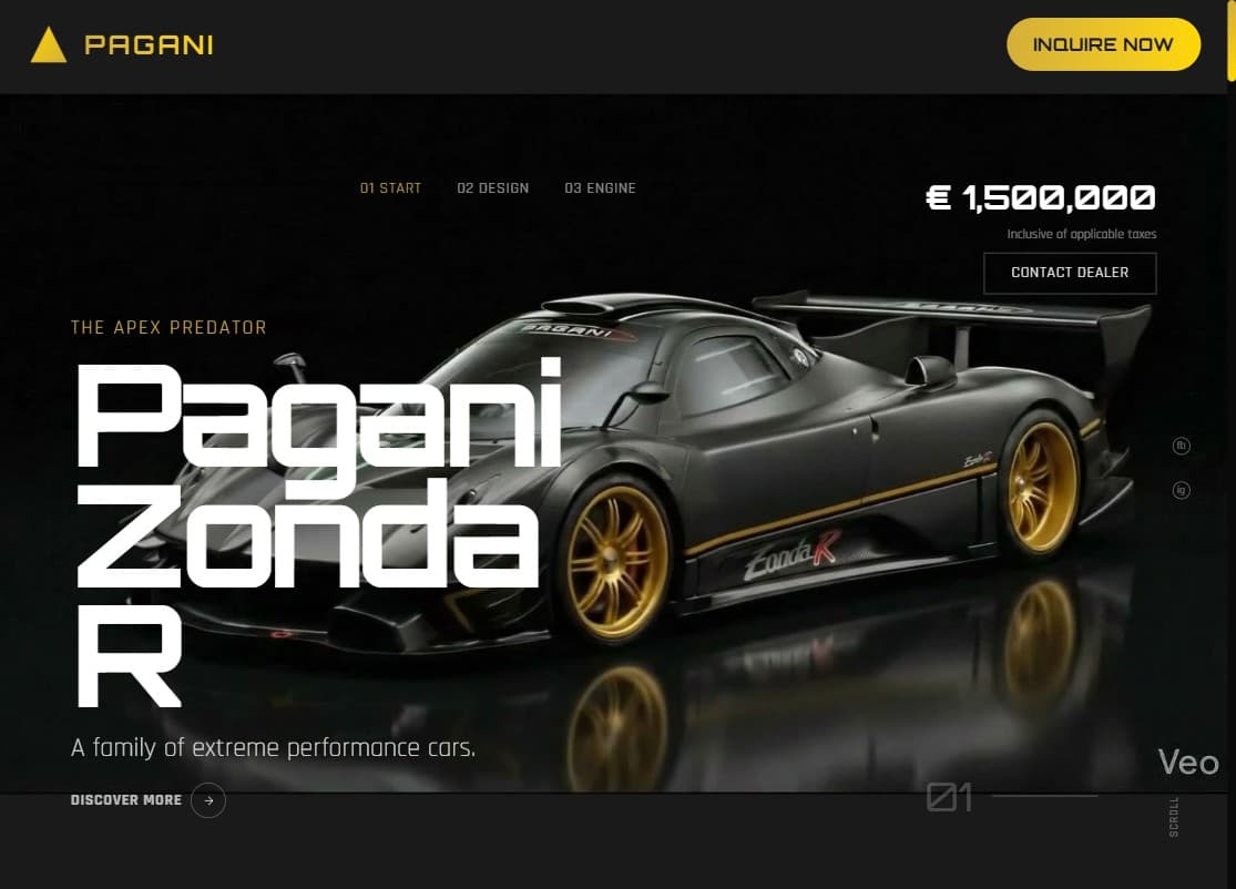 Pagani Zonda R automotive concept site — the car mirrored on a gloss-black floor with an oversized serif headline laid across it.