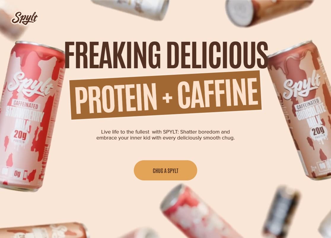 SPYLT beverage concept site — oversized condensed type with product cans floating around the hero.