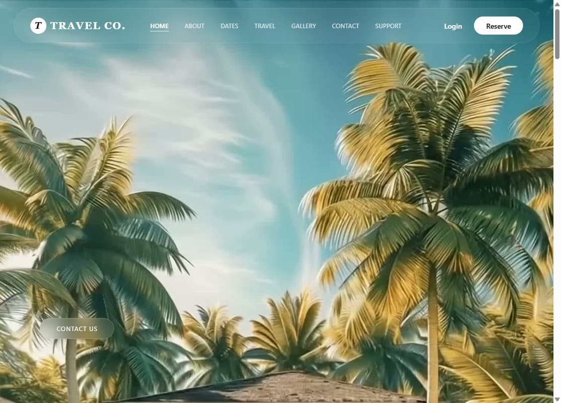 Travel Co. luxury-travel concept site — full-bleed cinematic photography under a floating glass nav.